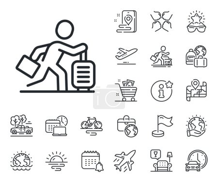 Illustration for Man run with travel baggage sign. Plane jet, travel map and baggage claim outline icons. Travel delay line icon. Passenger is late symbol. Travel delay line sign. Vector - Royalty Free Image