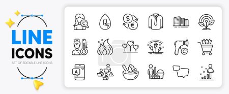 Illustration for Teamwork, Salad and Currency exchange line icons set for app include Buildings, Fire energy, Electronic thermometer outline thin icon. Love heart, Ab testing, Fireworks rocket pictogram icon. Vector - Royalty Free Image
