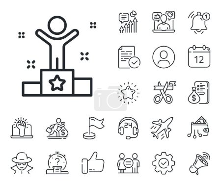 Illustration for Success sign. Salaryman, gender equality and alert bell outline icons. Winner podium line icon. First place award symbol. Winner line sign. Spy or profile placeholder icon. Vector - Royalty Free Image