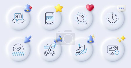 Illustration for Cut ribbon, Rise price and Ssd line icons. Buttons with 3d bell, chat speech, cursor. Pack of 360 degree, Time, Search icon. Rating stars, Recovery cloud pictogram. For web app, printing. Vector - Royalty Free Image