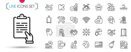 Illustration for Pack of Puzzle, Lgbt and 5g internet line icons. Include Marketing statistics, 5g wifi, Medical flight pictogram icons. Patient, Floor lamp, Uv protection signs. New star, Umbrella. Vector - Royalty Free Image