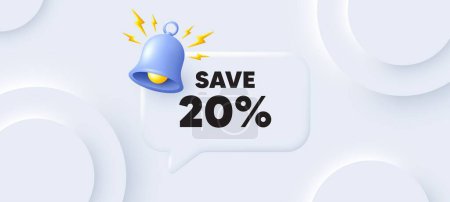 Illustration for Save 20 percent off tag. Neumorphic background with chat speech bubble. Sale Discount offer price sign. Special offer symbol. Discount speech message. Banner with bell. Vector - Royalty Free Image