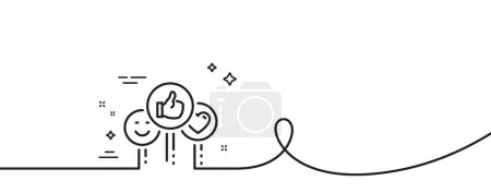 Illustration for Social media like line icon. Continuous one line with curl. Thumbs up sign. Positive smile and heart feedback symbol. Like single outline ribbon. Loop curve pattern. Vector - Royalty Free Image