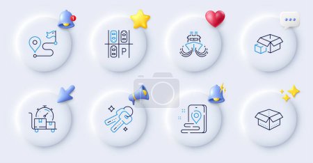 Illustration for Open box, Fast delivery and Parking place line icons. Buttons with 3d bell, chat speech, cursor. Pack of Journey, Ship, Keys icon. Place, Packing boxes pictogram. For web app, printing. Vector - Royalty Free Image