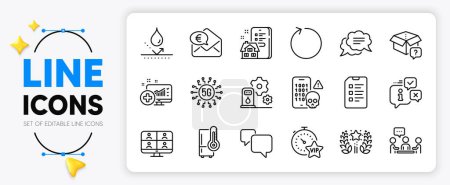 Illustration for Property agency, Loop and People chatting line icons set for app include Text message, Euro money, Medical analytics outline thin icon. Speech bubble, Video conference. Vector - Royalty Free Image