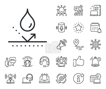 Illustration for Water resistant sign. Place location, technology and smart speaker outline icons. Waterproof line icon. Drop protection symbol. Waterproof line sign. Influencer, brand ambassador icon. Vector - Royalty Free Image