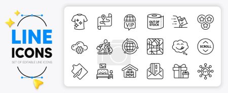 Illustration for Globe, Metro map and Credit card line icons set for app include Home facility, Delivery cart, Map outline thin icon. Salary, Surprise package, Vip internet pictogram icon. Toilet paper. Vector - Royalty Free Image