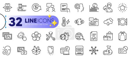 Illustration for Outline set of Dollar exchange, Electricity power and Ssd line icons for web with Shopping, Hoody, Approved document thin icon. Fake document, Dislike, Cashback pictogram icon. Vector - Royalty Free Image