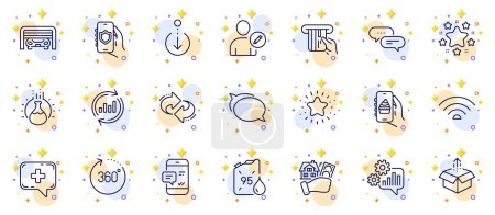 Illustration for Outline set of Food app, Parking garage and Twinkle star line icons for web app. Include Edit user, Buying house, Update data pictogram icons. Security app, Talk bubble, 360 degrees signs. Vector - Royalty Free Image