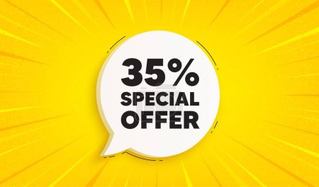 Illustration for 35 percent discount offer tag. Speech bubble sunburst banner. Sale price promo sign. Special offer symbol. Discount chat speech message. Yellow sun burst background. Vector - Royalty Free Image