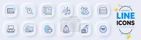Illustration for Scroll down, Floor plan and Bitcoin system line icons for web app. Pack of Mute, Inflation, Servers pictogram icons. Music, Wallet, Download photo signs. Hamburger, Tv stand, Tips. Mouse swipe. Vector - Royalty Free Image