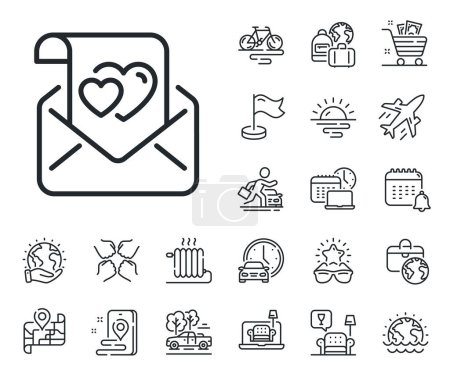 Illustration for Valentine sign. Plane jet, travel map and baggage claim outline icons. Love letter line icon. Couple relationships symbol. Love letter line sign. Car rental, taxi transport icon. Vector - Royalty Free Image