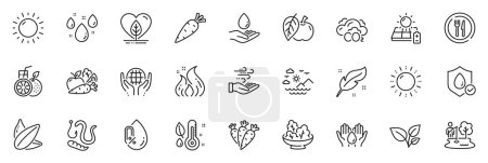 Illustration for Icons pack as Safe water, Carrot and Feather line icons for app include Worms, Wind energy, Apple outline thin icon web set. Sunny weather, Vegetables, Sea mountains pictogram. Food. Vector - Royalty Free Image