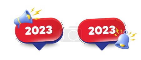 Illustration for 2023 year icon. Speech bubbles with 3d bell, megaphone. Event schedule annual date. 2022 annum planner. 2023 chat speech message. Red offer talk box. Vector - Royalty Free Image