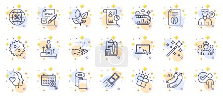 Illustration for Outline set of Voting ballot, Wind energy and Paper wallpaper line icons for web app. Include Verification person, Plants watering, Gift pictogram icons. 5g internet, Discount. Vector - Royalty Free Image