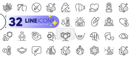 Illustration for Outline set of Oculist doctor, Skin cream and Eye drops line icons for web with Shield, Face id, Low thermometer thin icon. Vaccine message, Vaccine announcement, Chin pictogram icon. Vector - Royalty Free Image
