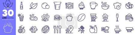 Illustration for Cooking beaker, Bombon coffee and Frying pan line icons pack. Spinach, Coffee beans, Apple web icon. Food delivery, Grill basket, Frappe pictogram. Champagne glass, Food, Cappuccino cream. Vector - Royalty Free Image