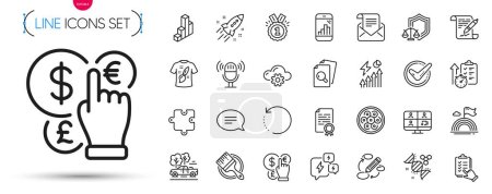 Illustration for Pack of Money currency, Justice scales and Pickup line icons. Include Recovery data, Timer, Checklist pictogram icons. Keywords, Microphone, Chat signs. 3d chart, Video conference. Vector - Royalty Free Image