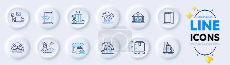 Illustration for Sports arena, Lighthouse and Furniture line icons for web app. Pack of Realtor, Entrance, Food market pictogram icons. Court building, Radiator, Building signs. Skyscraper buildings. Vector - Royalty Free Image