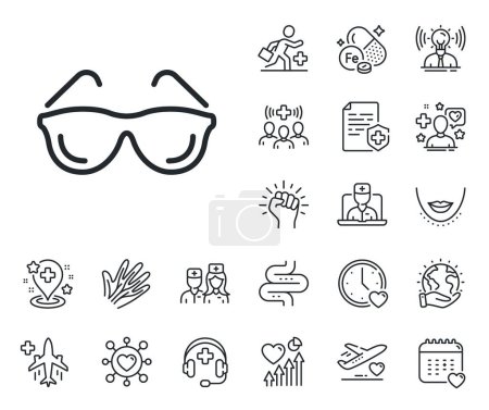 Illustration for Oculist clinic sign. Online doctor, patient and medicine outline icons. Eyeglasses line icon. Optometry vision symbol. Eyeglasses line sign. Veins, nerves and cosmetic procedure icon. Vector - Royalty Free Image