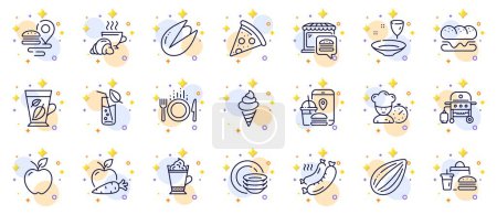 Ilustración de Esquema conjunto de alimentos, Croissant y Gas línea de parrilla iconos para la aplicación web. Incluye hojas de menta, Chef, iconos de pictograma de café con leche. Hamburguesa, nuez de pistacho, signos de placa. Pizza, comida rápida, manzana. Vector - Imagen libre de derechos