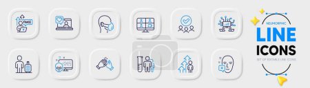 Illustration for Clapping hands, Baggage and Face declined line icons for web app. Pack of Video conference, Employee result, Cyber attack pictogram icons. Fake internet, Approved group, Medical analyzes signs. Vector - Royalty Free Image