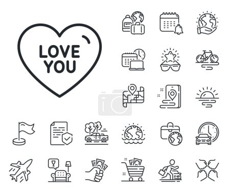 Illustration for Sweet heart sign. Plane jet, travel map and baggage claim outline icons. Love you line icon. Valentine day symbol. Love you line sign. Car rental, taxi transport icon. Place location. Vector - Royalty Free Image