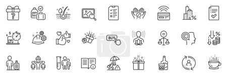 Illustration for Icons pack as Risk management, Working process and Whiskey glass line icons for app include Yoga balance, Technical info, Engineering team outline thin icon web set. Like, Search photo. Vector - Royalty Free Image