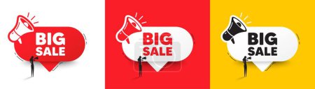Illustration for Big Sale tag. Speech bubble with megaphone and woman silhouette. Special offer price sign. Advertising Discounts symbol. Big sale chat speech message. Woman with megaphone. Vector - Royalty Free Image