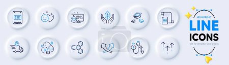 Illustration for Heart, Chemical formula and Charging cable line icons for web app. Pack of Throw hats, Smile, Intersection arrows pictogram icons. Documents, Delivery truck, Ssd signs. Neumorphic buttons. Vector - Royalty Free Image