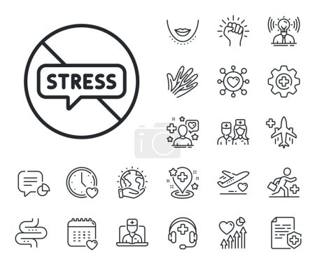 Illustration for Anxiety depression sign. Online doctor, patient and medicine outline icons. Stop stress line icon. Mental health symbol. Stop stress line sign. Veins, nerves and cosmetic procedure icon. Vector - Royalty Free Image