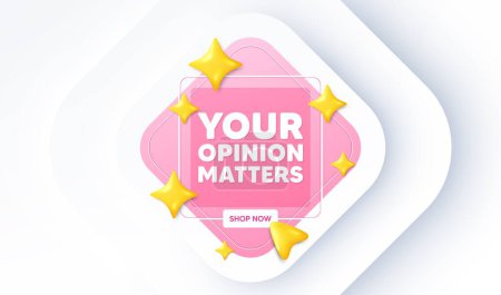 Illustration for Your opinion matters tag. Neumorphic promotion banner. Survey or feedback sign. Client comment. Opinion matters message. 3d stars with cursor pointer. Vector - Royalty Free Image