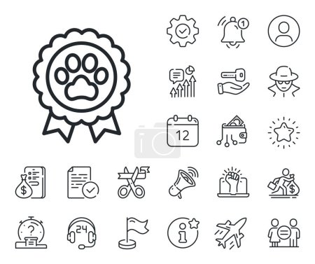 Illustration for Pets award sign. Salaryman, gender equality and alert bell outline icons. Dog competition line icon. Champion winner medal symbol. Dog competition line sign. Spy or profile placeholder icon. Vector - Royalty Free Image