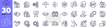 Illustration for Eye, Vaccine protection and Vitamin b6 line icons pack. Lips, Coronavirus vaccine, Thermometer web icon. Cleaning liquids, Serum oil, Stress pictogram. Nasal test, Umbrella, Rubber gloves. Vector - Royalty Free Image