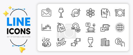 Illustration for Checkbox, Moving service and Click hands line icons set for app include Lounge, New mail, Chemistry atom outline thin icon. Bordeaux glass, Co2 gas, Rise price pictogram icon. Deflation. Vector - Royalty Free Image