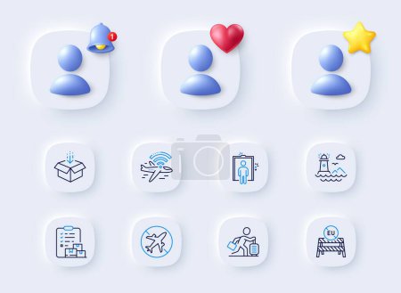 Illustration for Eu close borders, Travel delay and Delivery report line icons. Placeholder with 3d bell, star, heart. Pack of Airplane wifi, Elevator, Get box icon. Lighthouse, Airplane mode pictogram. Vector - Royalty Free Image