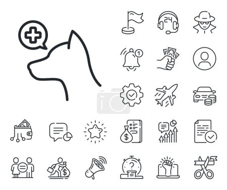 Illustration for Dog care sign. Salaryman, gender equality and alert bell outline icons. Veterinary clinic line icon. Pets health symbol. Veterinary clinic line sign. Spy or profile placeholder icon. Vector - Royalty Free Image