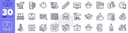 Illustration for Overeating pills, Balcony and Smartphone notification line icons pack. Filter, Fraud, Artificial intelligence web icon. Painter, Electric bike, Pencil pictogram. Boiling pan, Income moneyCard. Vector - Royalty Free Image
