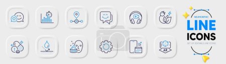 Illustration for Report timer, Green energy and Waterproof line icons for web app. Pack of Station, Augmented reality, Phone calendar pictogram icons. Smile face, Dating, Recovery gear signs. Headphones. Vector - Royalty Free Image