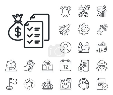 Illustration for Audit report sign. Salaryman, gender equality and alert bell outline icons. Accounting wealth line icon. Check finance symbol. Accounting wealth line sign. Spy or profile placeholder icon. Vector - Royalty Free Image
