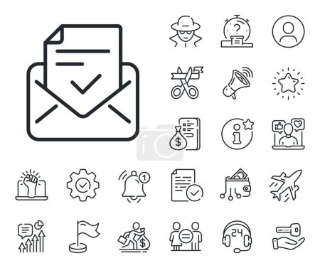 Illustration for Accepted or confirmed sign. Salaryman, gender equality and alert bell outline icons. Approved mail line icon. Document symbol. Approved mail line sign. Spy or profile placeholder icon. Vector - Royalty Free Image