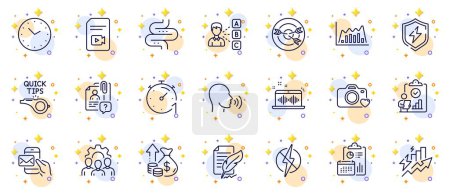 Illustration for Outline set of Opinion, Infographic graph and Inspect line icons for web app. Include Tutorials, Time, Antistatic pictogram icons. Video file, Targeting, Power safety signs. Report. Vector - Royalty Free Image