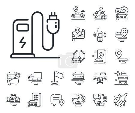 Illustration for Car charge plug sign. Plane, supply chain and place location outline icons. Charging station line icon. Electric power symbol. Charging station line sign. Taxi transport, rent a bike icon. Vector - Royalty Free Image