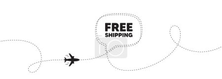 Illustration for Free shipping tag. Plane travel path line banner. Delivery included sign. Special offer symbol. Free shipping speech bubble message. Plane location route. Dashed line. Vector - Royalty Free Image
