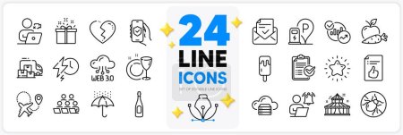 Illustration for Icons set of Broken heart, Charging station and Apple carrot line icons pack for app with Video conference, Cloud server, Dish plate thin outline icon. Airplane, Survey checklist. Vector - Royalty Free Image