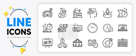 Illustration for Parking, Bitcoin system and Carousels line icons set for app include Electricity factory, Presentation, Auction outline thin icon. Select alarm, Loan percent, Parking garage pictogram icon. Vector - Royalty Free Image