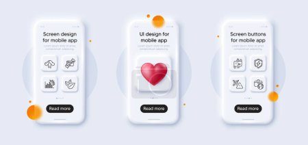 Illustration for Qr code, Cloud upload and Power safety line icons pack. 3d phone mockups with heart. Glass smartphone screen. Coronavirus statistics, Global business, Journey path web icon. Vector - Royalty Free Image