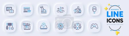 Illustration for Luggage belt, Grill tools and Buying process line icons for web app. Pack of Ice cream, Travel luggage, Fishing float pictogram icons. Photo camera, Gamepad, Marketplace signs. Discount. Vector - Royalty Free Image