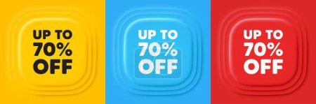 Illustration for Up to 70 percent off sale. Neumorphic offer banners. Discount offer price sign. Special offer symbol. Save 70 percentages. Discount tag podium background. Product infographics. Vector - Royalty Free Image