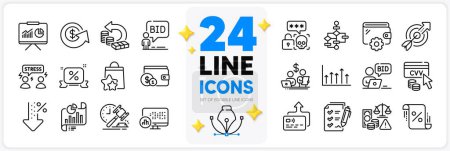 Illustration for Icons set of Auction, Block diagram and Online auction line icons pack for app with Cvv code, Growth chart, Loan percent thin outline icon. Difficult stress, Dollar exchange. Vector - Royalty Free Image